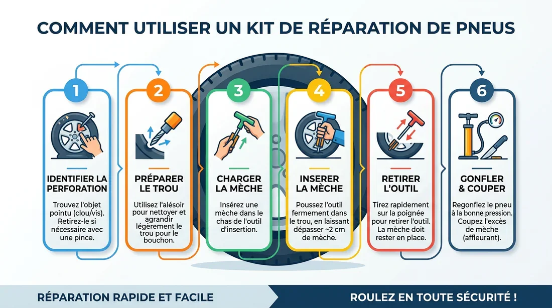 Infographie illustrant les étapes d'utilisation d'un kit de réparation de pneu