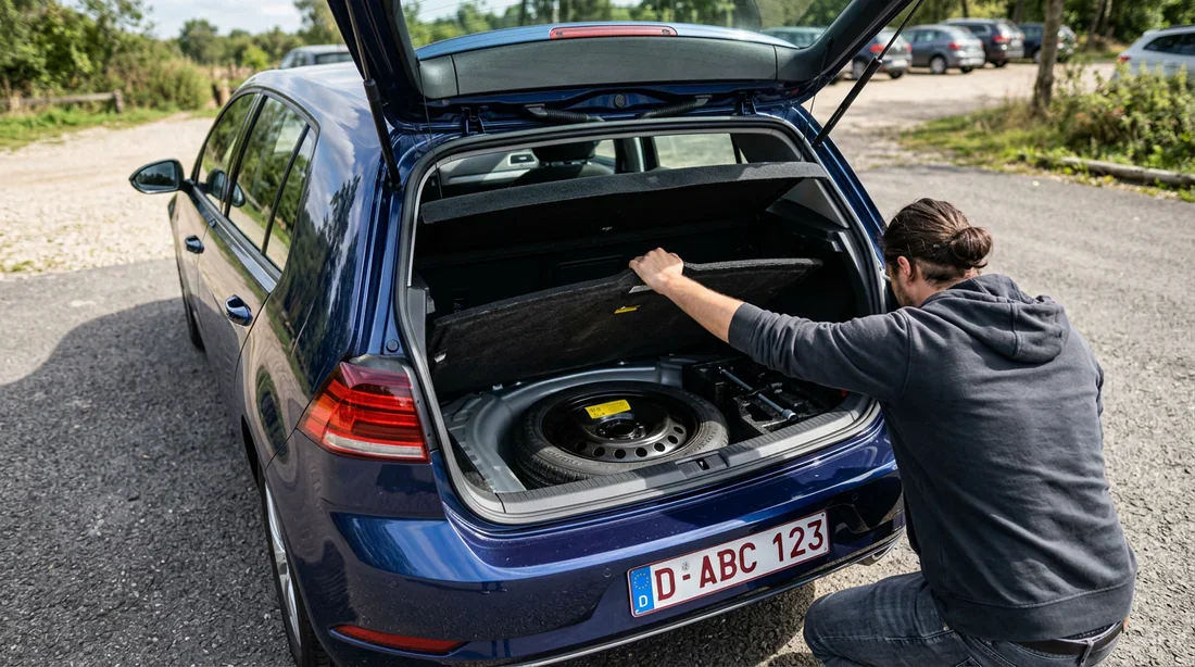 Personne soulevant la moquette du coffre d'une Volkswagen Golf 7 pour accéder à la roue de secours