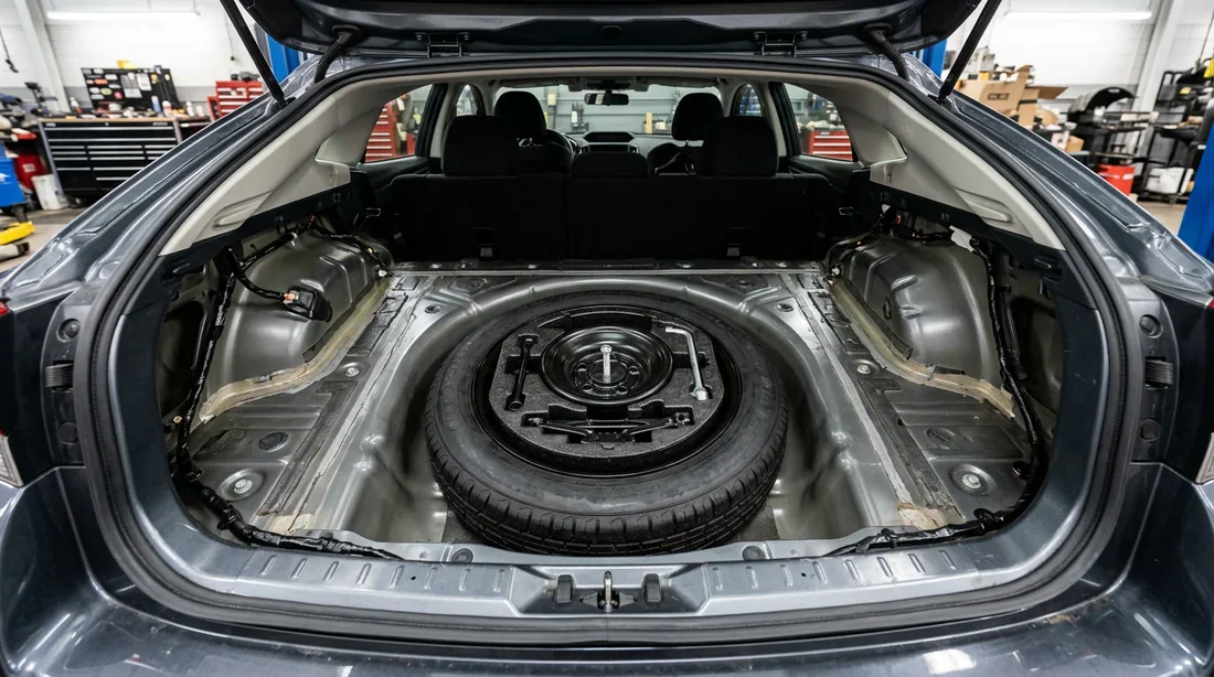 Vue du logement de la roue de secours dans le coffre d'une Golf 7