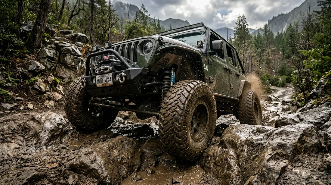 4x4 tout-terrain franchissant un obstacle rocheux avec un pneu large dans la boue