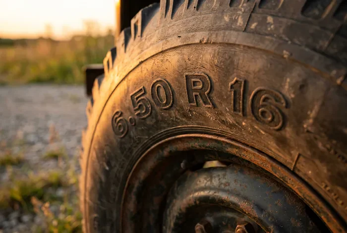 Focus net sur les inscriptions du flanc d'un pneu vintage 6.50 R16