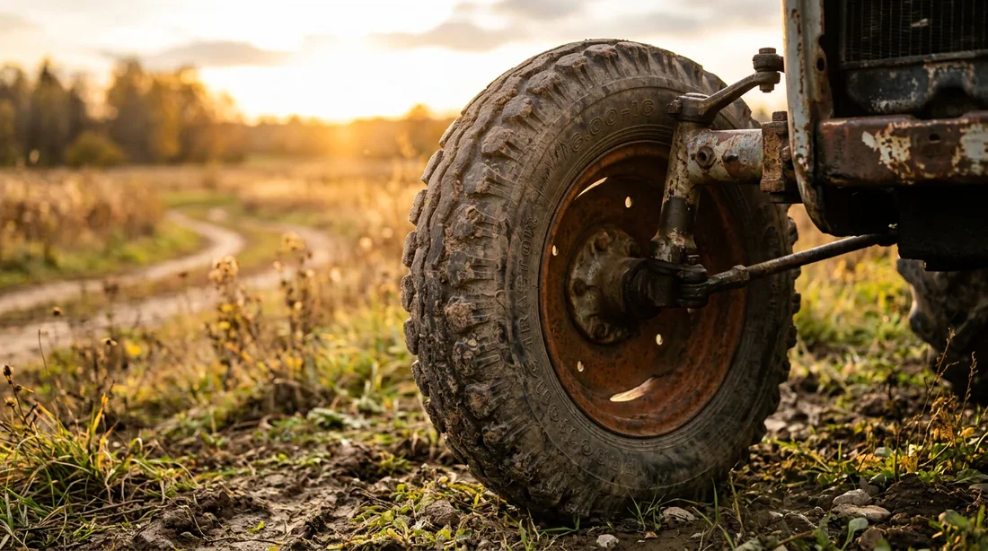Pneu à flanc haut sur tracteur vintage Gros plan esthétique sur la roue avant d'un tracteur vintage avec un pneu à flanc haut dans un champ au coucher du soleil