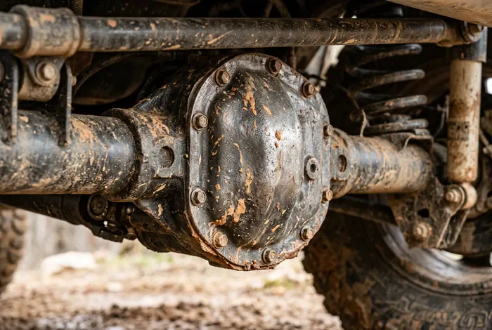 Gros plan sur le carter de différentiel d'un pont 4x4 avec traces de boue.