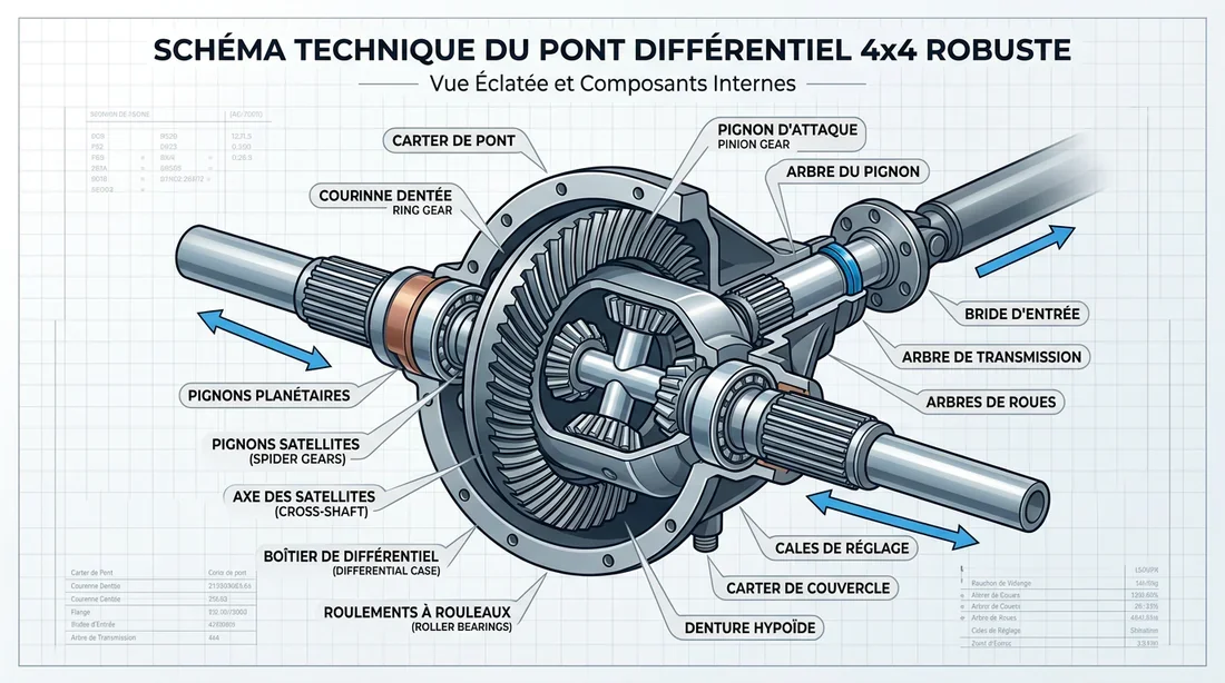 Schéma technique explicatif des composants d'un carter de différentiel et demi-arbres de pont.