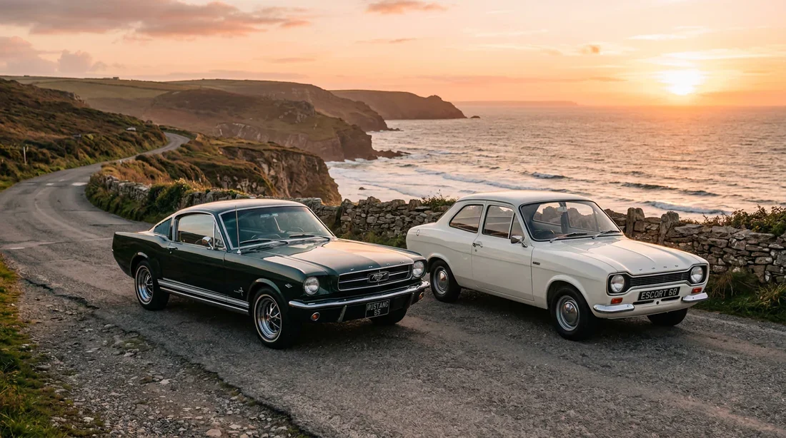 Dualité légendaire Ford : Mustang Fastback et Escort Mk1 Ford Mustang Fastback des années 60 garée à côté d'une Ford Escort Mk1 européenne lors du coucher du soleil