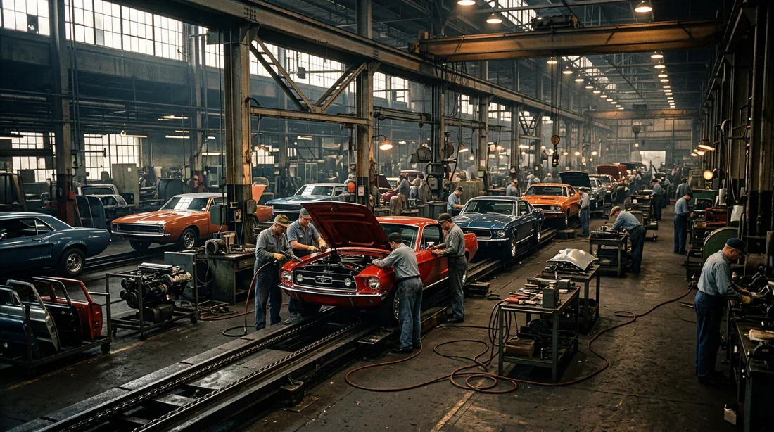 Histoire et origines industrielles de Ford Ligne de production américaine historique de voitures Ford dans les années 60