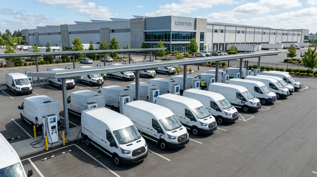 Flotte d'utilitaires électriques en recharge sur une station entreprise