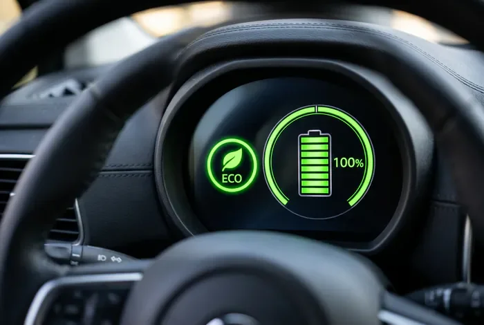 Gros plan sur le tableau de bord du Kangoo E-Tech avec jauge de batterie pleine