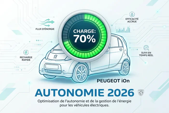 Infographie montrant la batterie et l'autonomie de la Peugeot iOn en 2026.