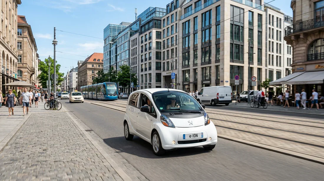 Peugeot iOn roulant en centre-ville pour tester son autonomie réelle.