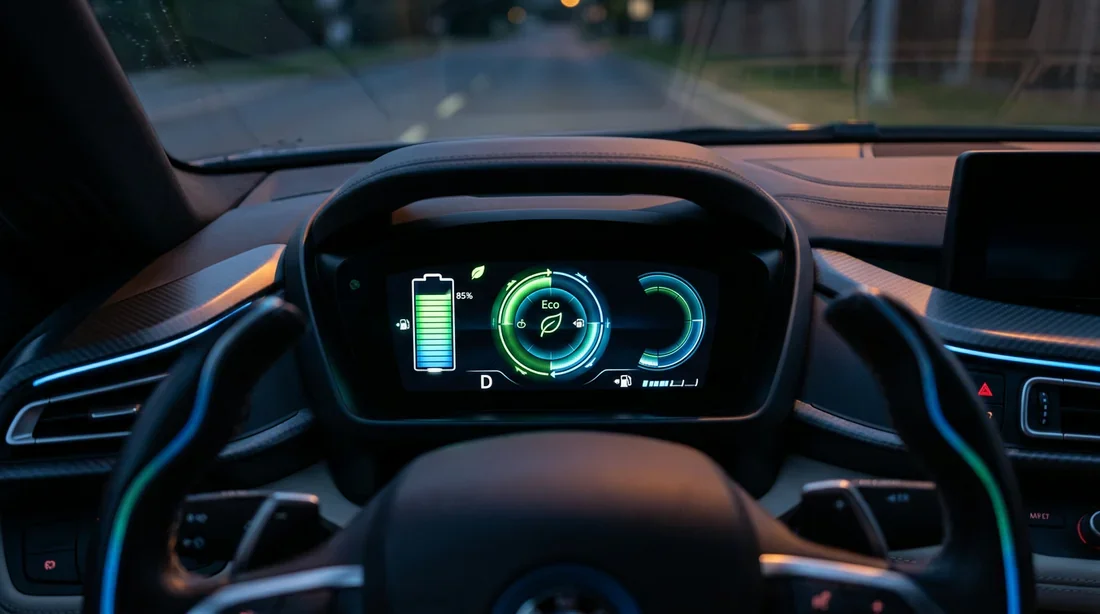 Tableau de bord et indicateurs de batterie d'une voiture électrique.
