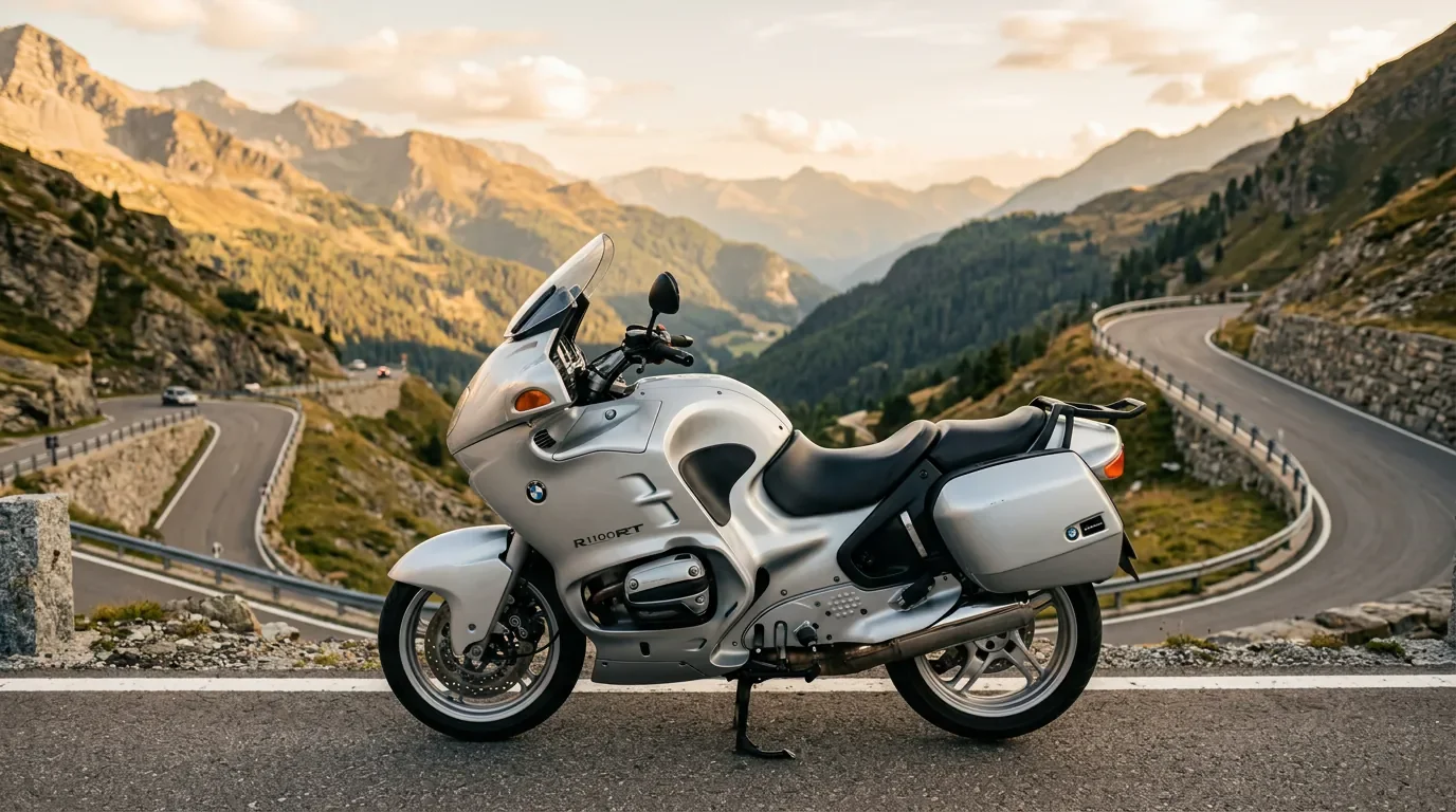 Une BMW R1100RT en excellent état sur une route de montagne, illustrant la longévité de ce modèle de grand tourisme.