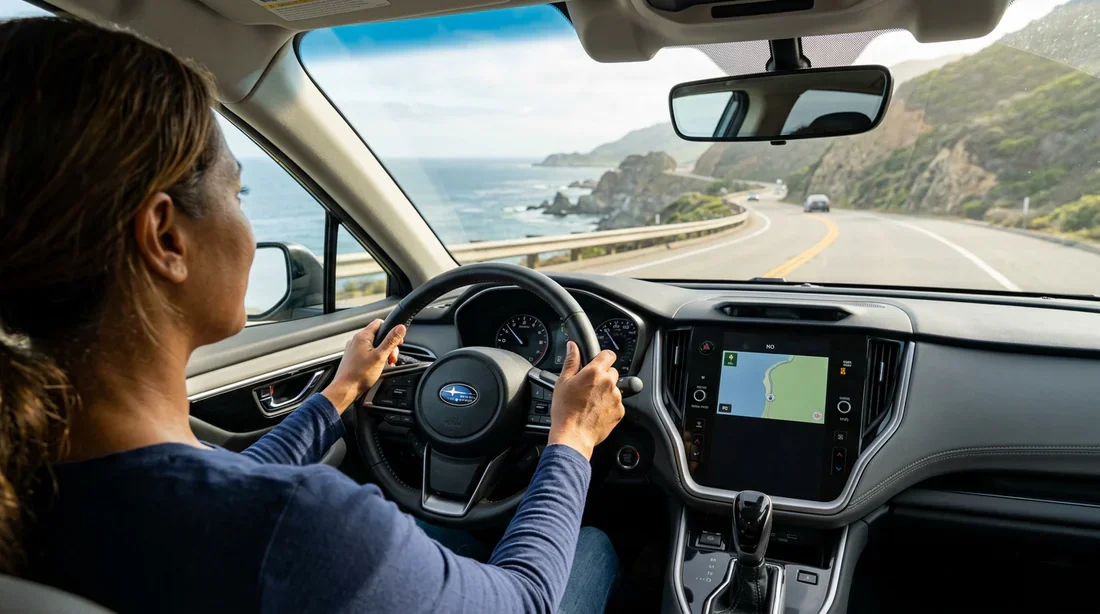 Conducteur au volant d'un véhicule automatique sur une route ensoleillée