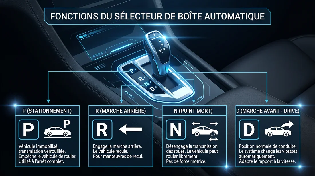 Infographie explicative des positions du levier de vitesse P R N D d'une boîte automatique