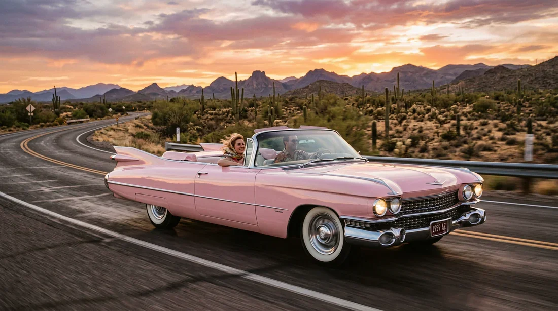 Cadillac Eldorado 1959 cabriolet rose roulant sur la Route 66 américaine