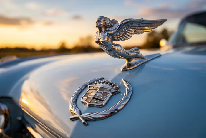 Plan serré sur le logo vintage et l'ornement de capot chromé d'une Cadillac 1959