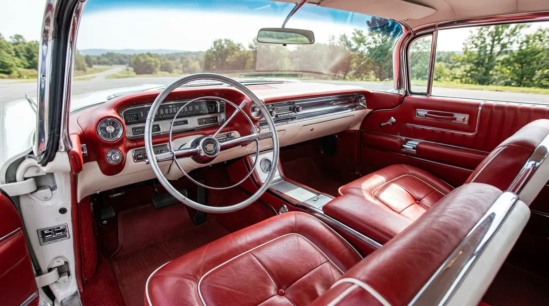 Tableau de bord et intérieur en cuir rouge d'une Cadillac Eldorado 1959 classique