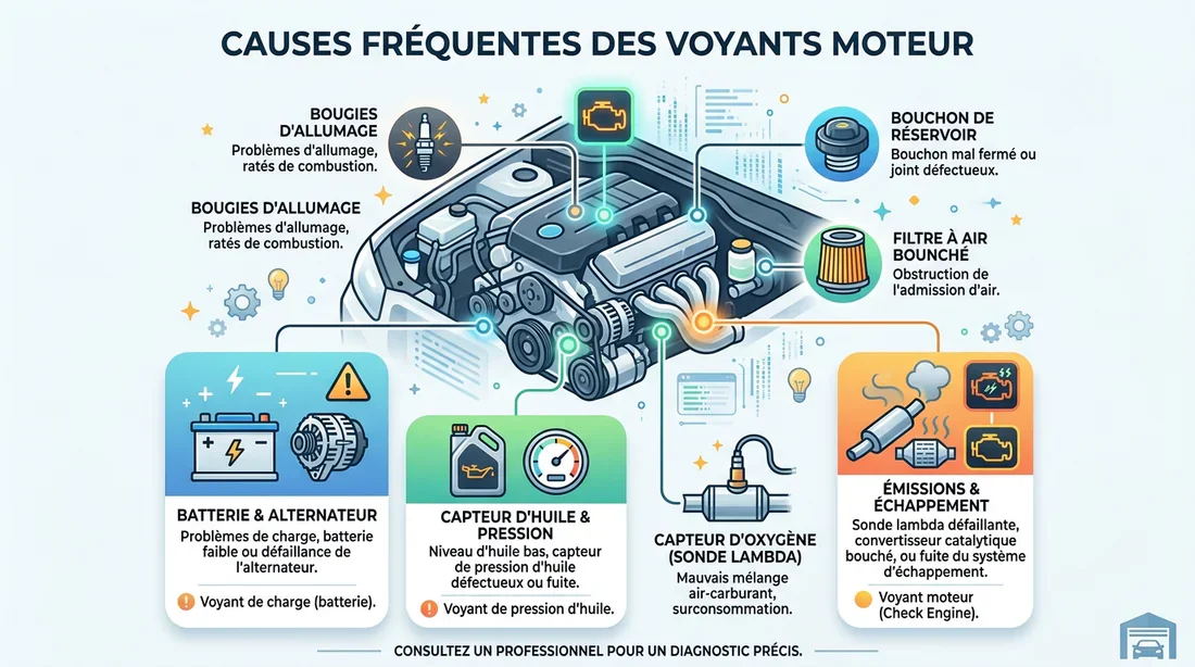 Causes courantes de l'allumage du voyant moteur Infographie des causes fréquentes du voyant moteur allumé