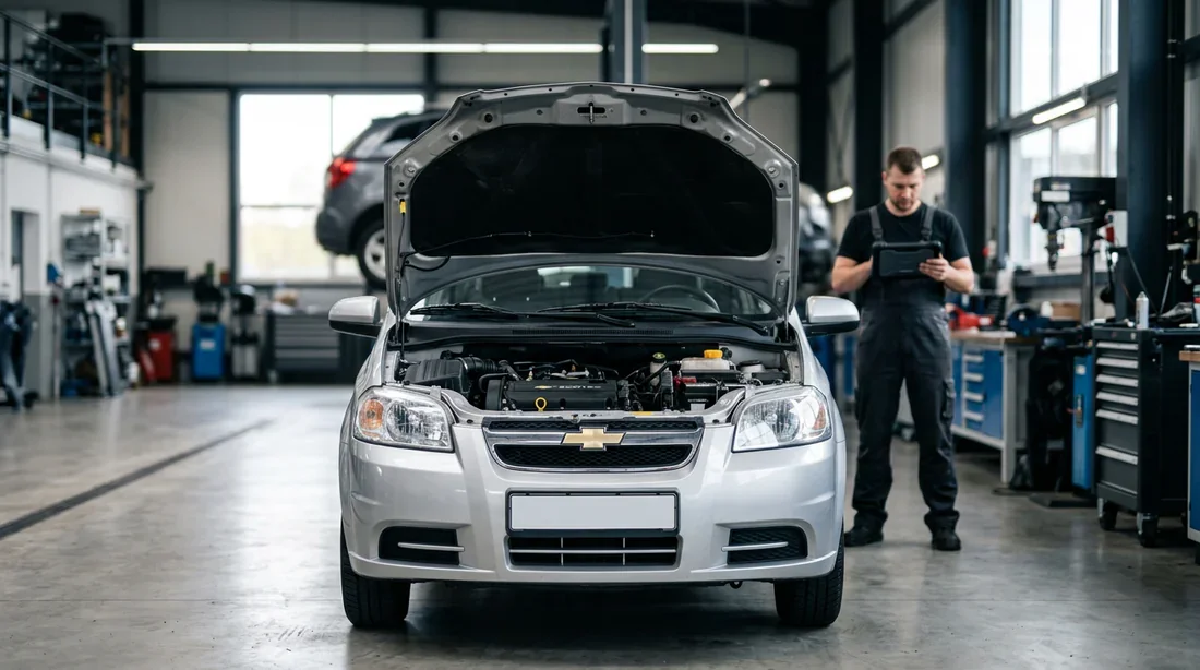 Diagnostic moteur professionnel sur Chevrolet Aveo Mécanicien utilisant une tablette de diagnostic sur une Chevrolet Aveo dans un garage