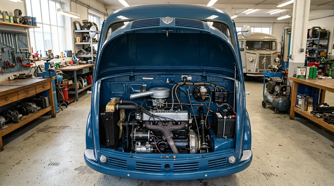 Moteur restaure de Peugeot D4B dans un atelier mecanique vintage