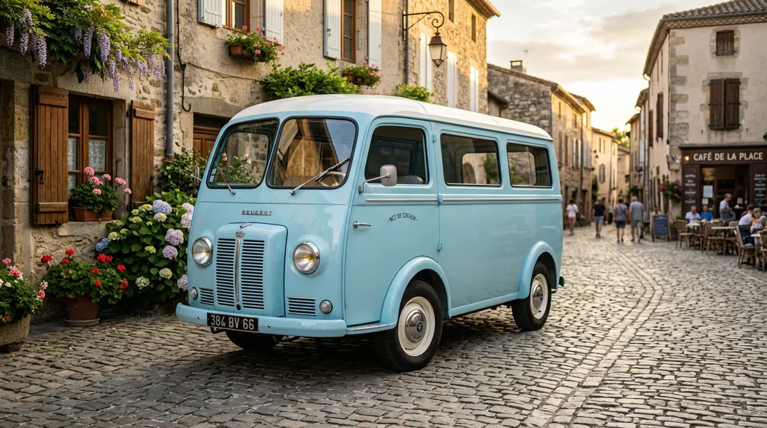 Peugeot D4B Nez de cochon restaure en bleu pastel gare dans une rue pavee