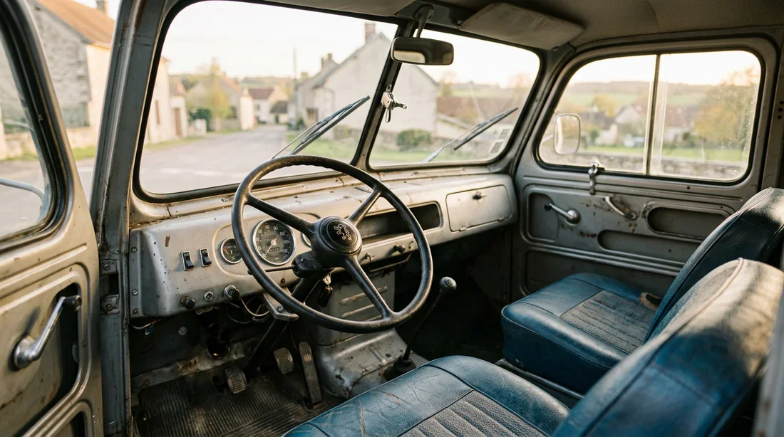 Poste de conduite et interieur d'epoque du fourgon Peugeot D4B