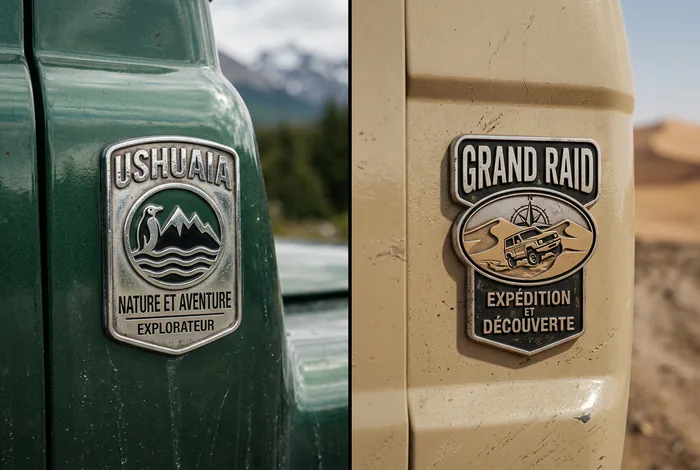 Gros plan sur les logos des Peugeot Partner Ushuaïa Nature et Grand Raid