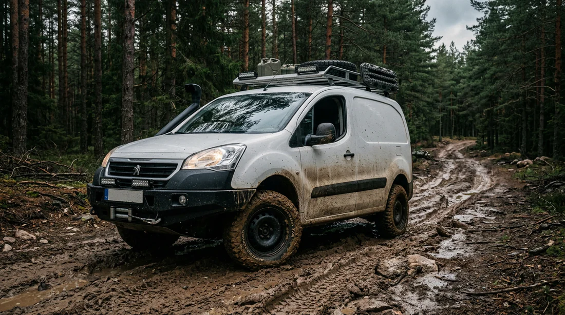 Montage photo divisé montrant le Peugeot Partner Ushuaïa vert à gauche et le Grand Raid sable à droite