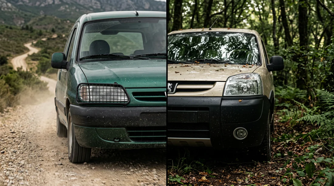 Peugeot Partner tout-terrain garé sur un chemin boueux en forêt
