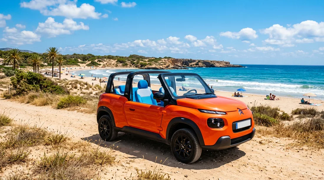 Citroën e-Mehari garée en bord de mer sous le soleil