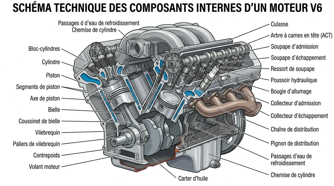 Schéma technique des composants du moteur V6