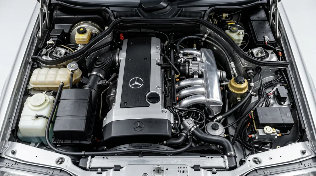 Baie moteur propre et bien entretenue d'une Mercedes classique modèle W124