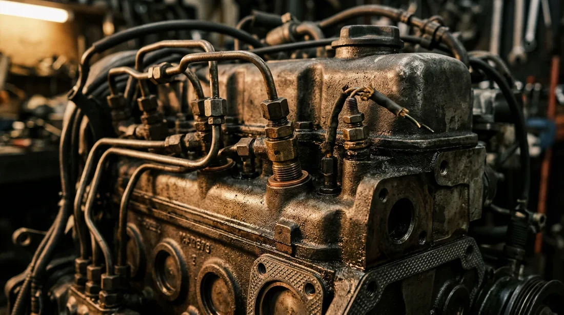 Détail technique d'un moteur diesel Mercedes vintage