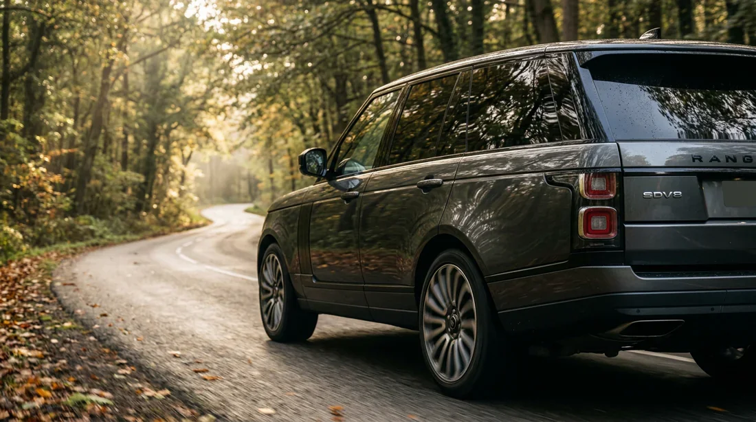 Range Rover L405 SDV8 circulant sur une route forestière