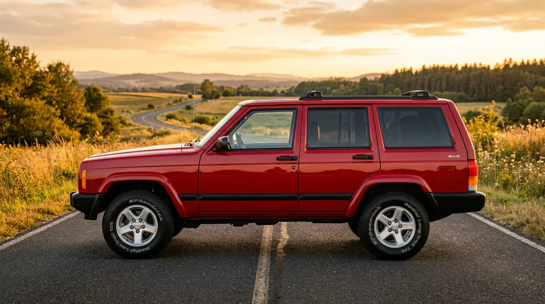 Profil latéral d'un Jeep Cherokee XJ montrant sa ligne carrée emblématique