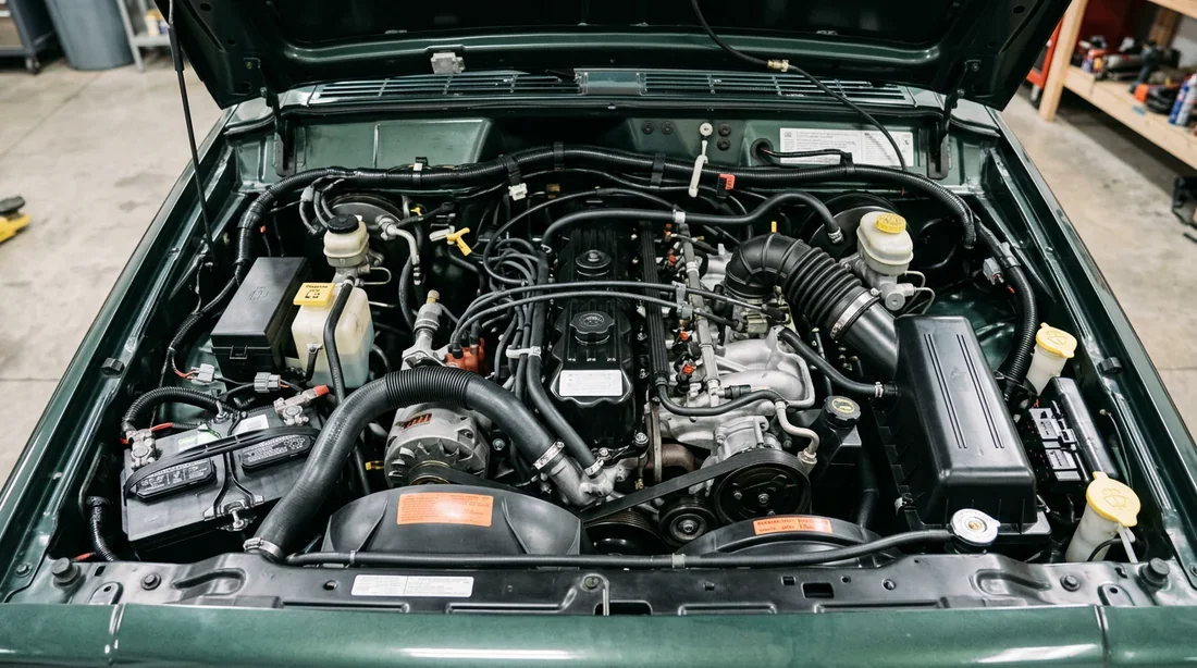 Vue du moteur 4.0L 6 cylindres sous le capot d'un Jeep Cherokee XJ