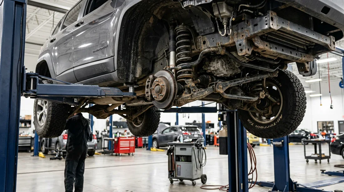 Entretien et révision du châssis de Jeep Cherokee Inspection du châssis et des suspensions d'un Jeep Cherokee dans un atelier