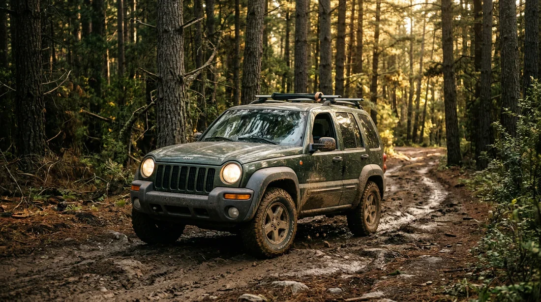 Jeep Cherokee 2.8 CRD en conduite tout-terrain Jeep Cherokee 2.8 CRD tout-terrain s'avançant sur un chemin forestier en montagne