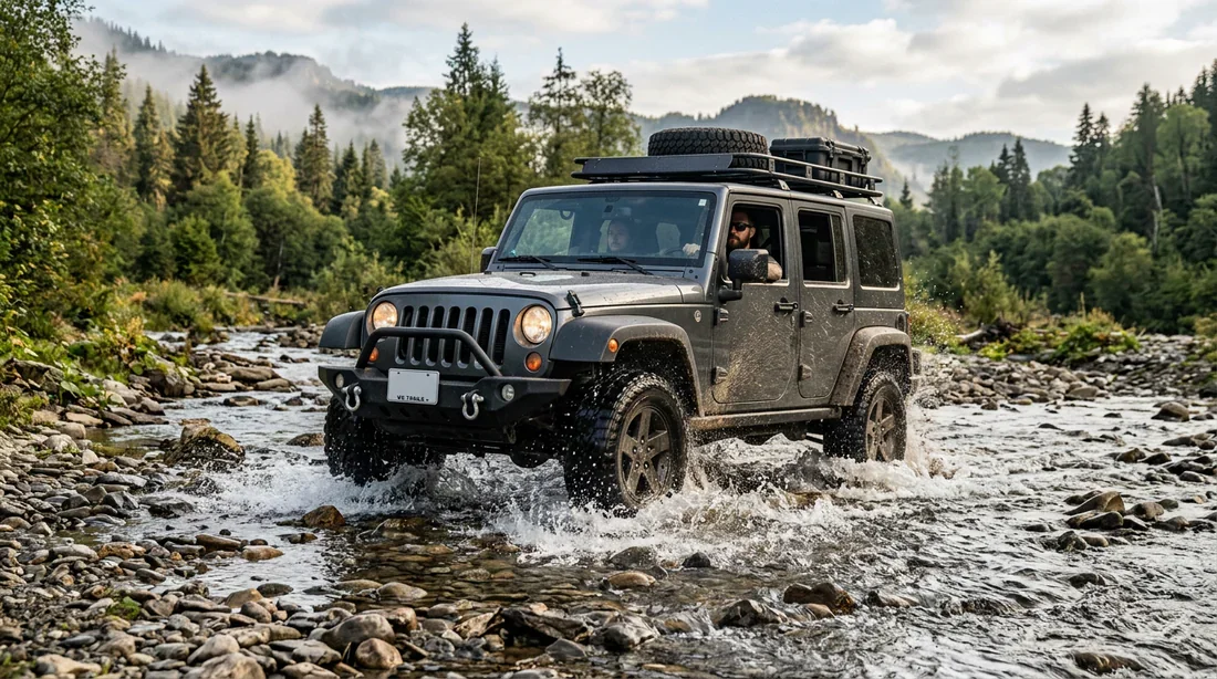 Capacités de franchissement du Jeep Cherokee tout-terrain Jeep Cherokee franchissant un cours d'eau en milieu naturel