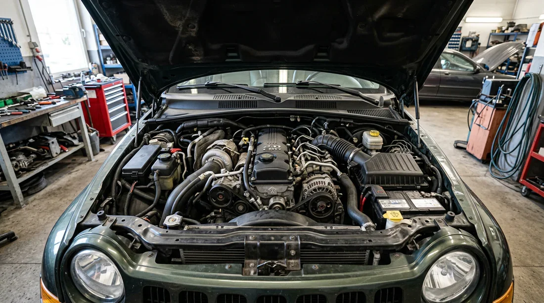 Bloc moteur 2.8 CRD du Jeep Cherokee Vue de près du bloc moteur 2.8 CRD sous le capot d'un Jeep Cherokee