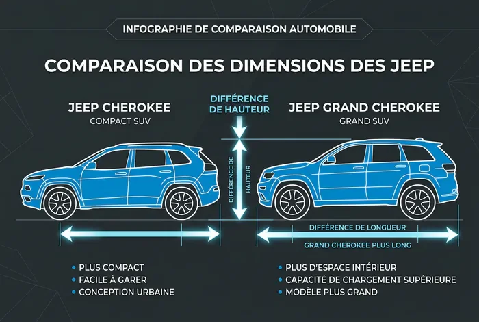 Jeep Cherokee vs Grand Cherokee : Quel SUV choisir ? - Jeep Cherokee ou Grand Cherokee ? Le guide ultime 2026 - Cherokee ou Grand Cherokee : lequel est fait pour vous ? Infographie comparative des dimensions du Jeep Cherokee et Grand Cherokee