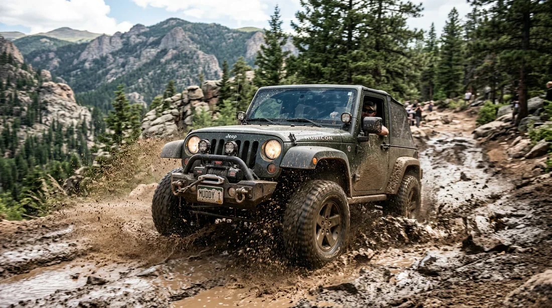 Jeep Cherokee en situation tout-terrain sur une piste boueuse de montagne