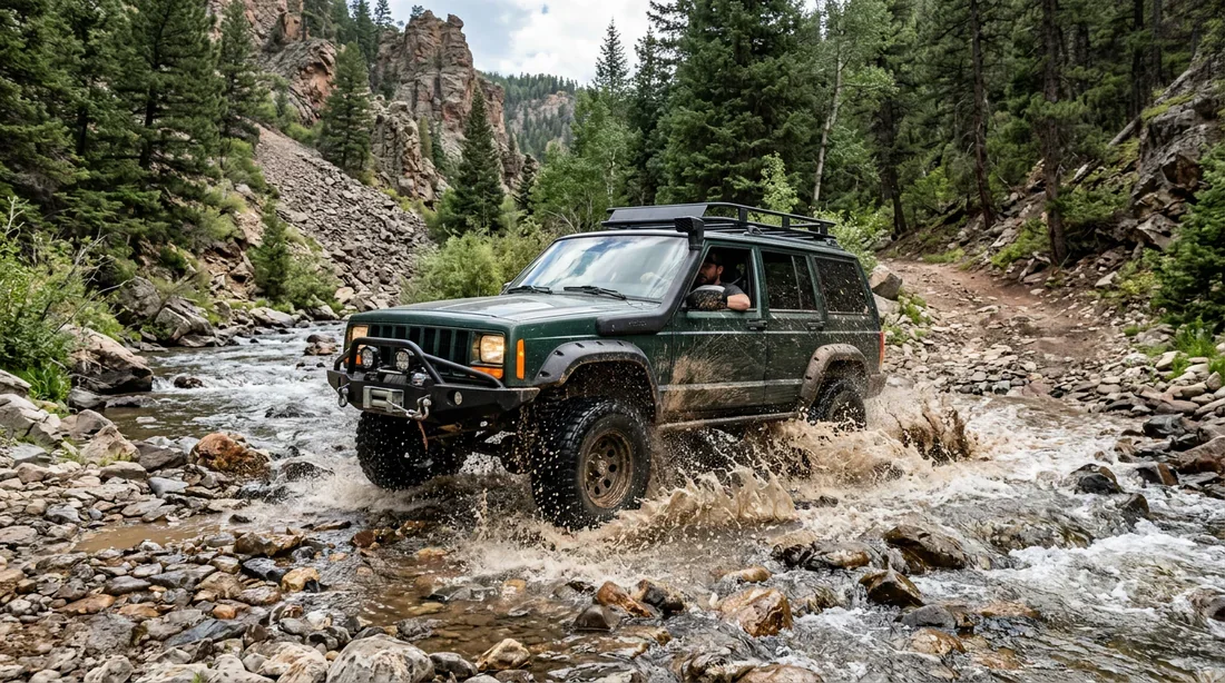 Jeep Cherokee XJ franchissant une rivière sur un parcours tout-terrain