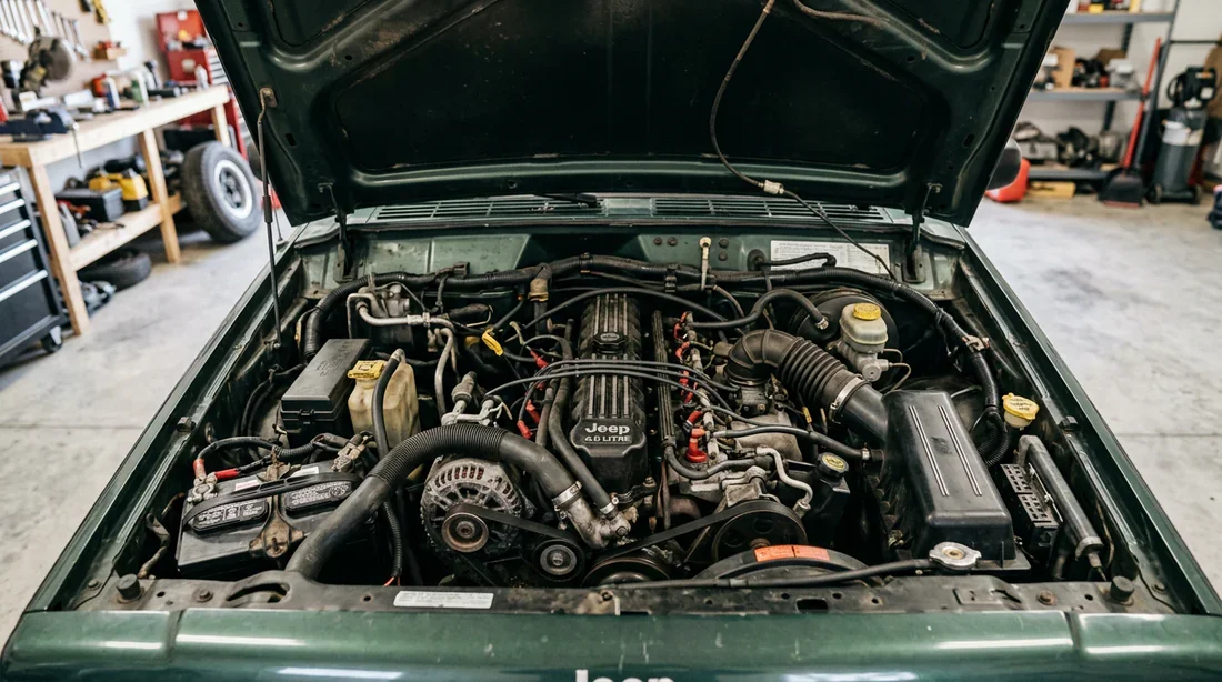 Moteur 6 cylindres en ligne 4.0L sous le capot d'un Jeep Cherokee XJ