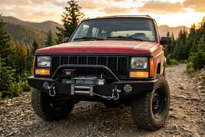 Face avant du Jeep Cherokee XJ avec sa calandre à 7 fentes et ses phares rectangulaires