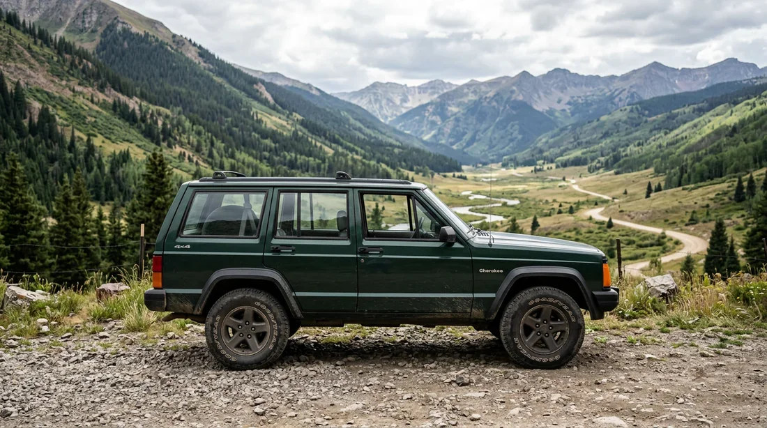 Profil latéral d'un Jeep Cherokee XJ vert garé dans une vallée