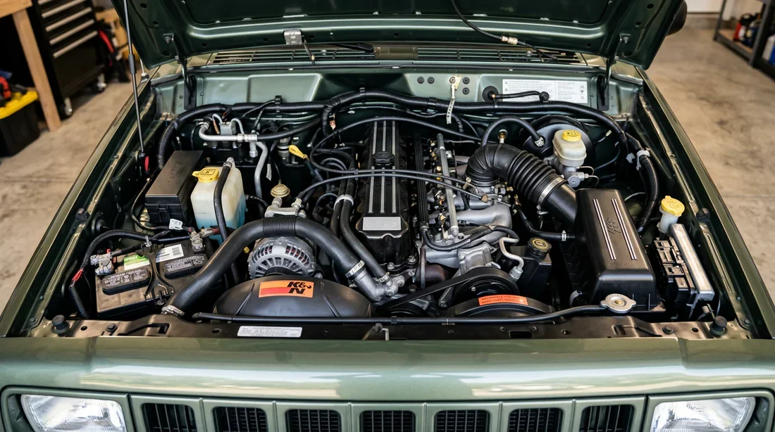 Vue du moteur 6 cylindres en ligne 4.0L sous le capot d'un Jeep Cherokee XJ