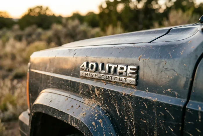 Gros plan sur le badge 4.0 Litre de la Jeep Cherokee XJ
