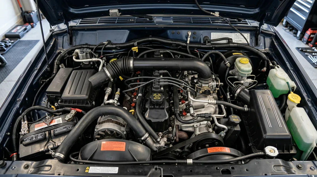 Moteur 6 cylindres en ligne 4.0L sous le capot d'une Jeep Cherokee XJ