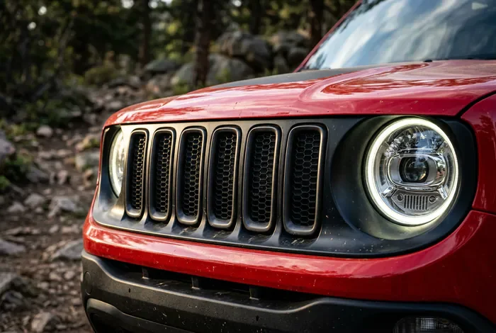 Jeep Renegade fiabilité : Le bilan moteurs & pannes - Jeep Renegade d'occasion : 4 pannes à éviter ! - Faut-il acheter un Jeep Renegade ? L'avis expert Gros plan sur la calandre à 7 fentes et les phares du Jeep Renegade